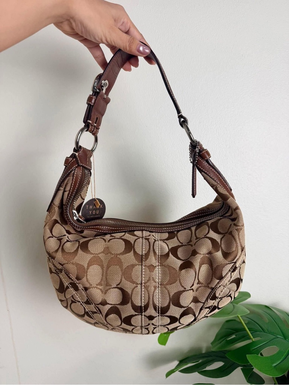 Coach Brown Signature Canvas Shoulder Bag with Leather Trim